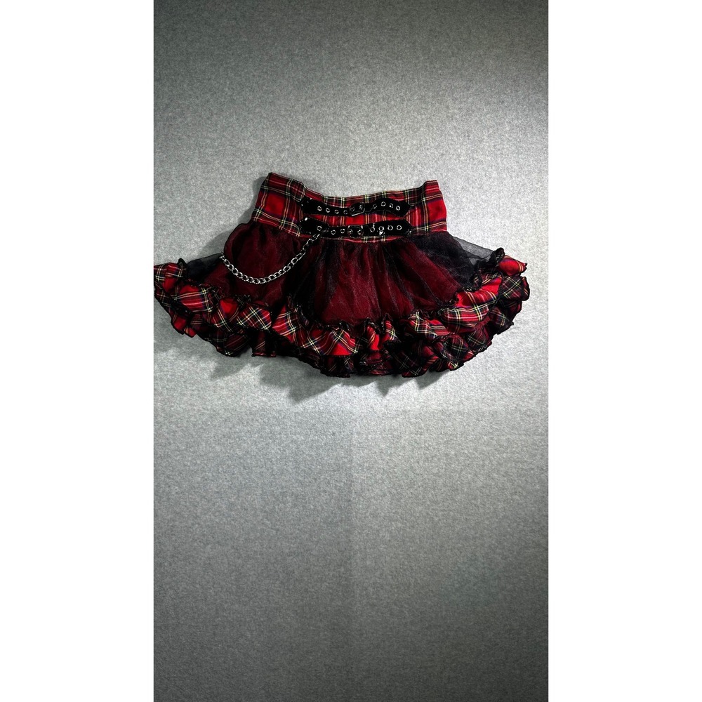 Red Plaid Punk Mini Skirt Black Mesh Ruffle Buckle Chain Gothic Grunge Skirt